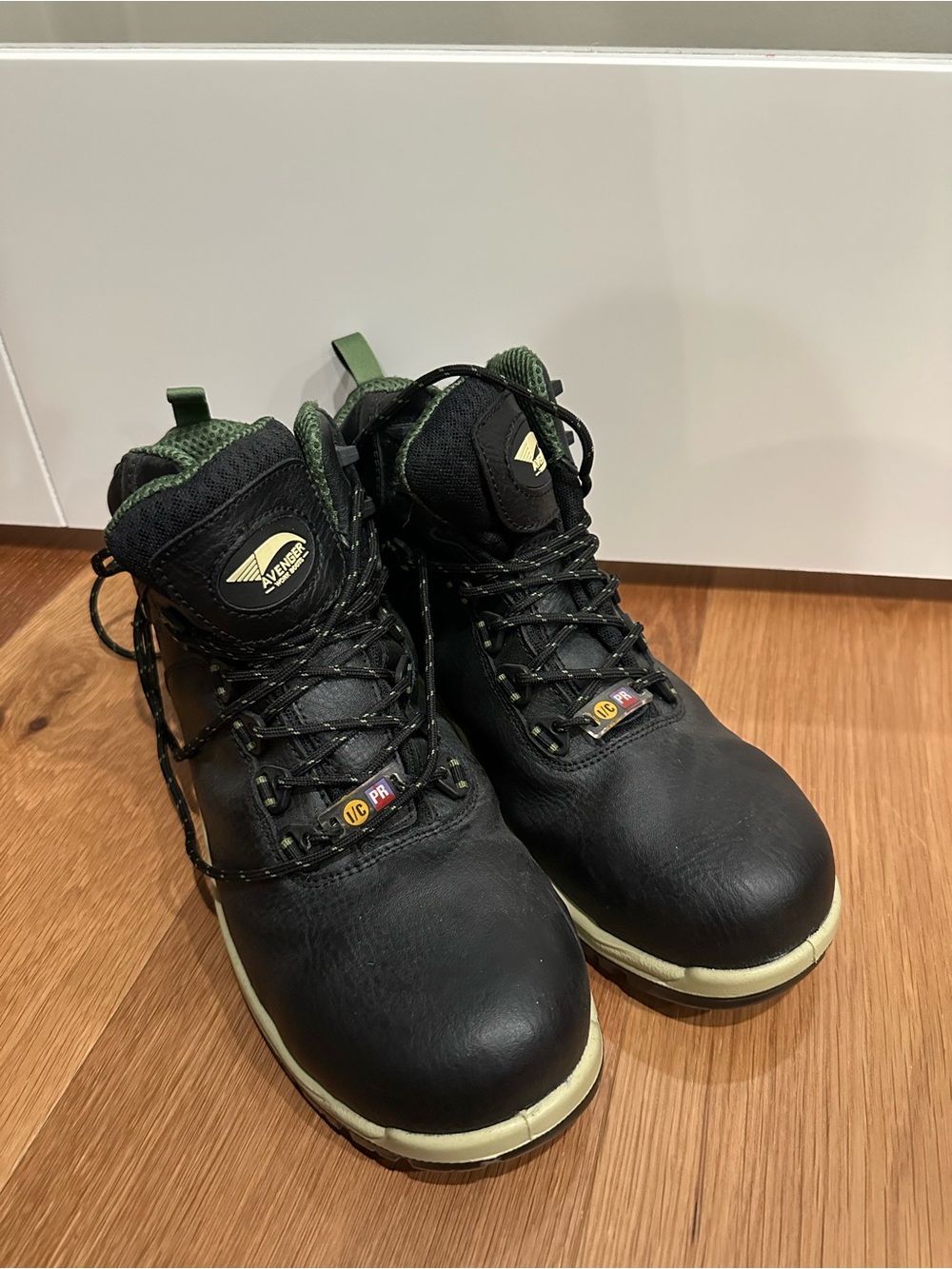 Avenger Black Work Boots with Green Lining and Cream Sole